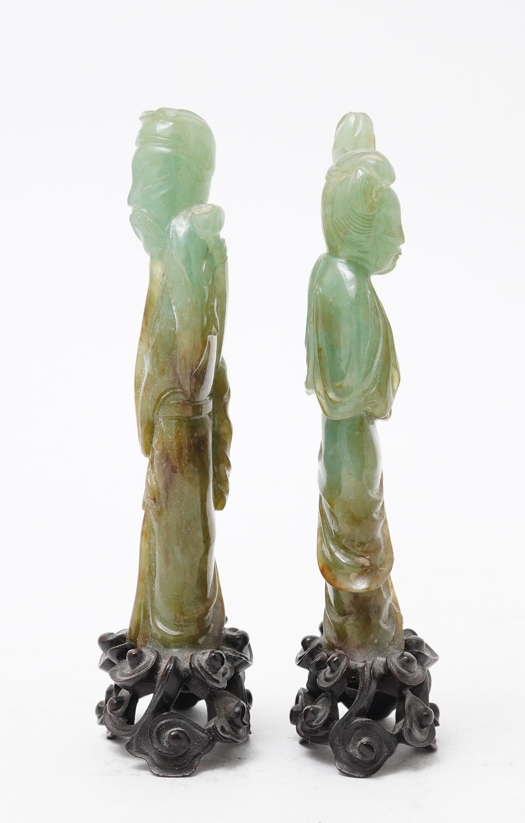 Possibly retailed by Cartier, a pair of Chinese jadeite figures, early 20th century